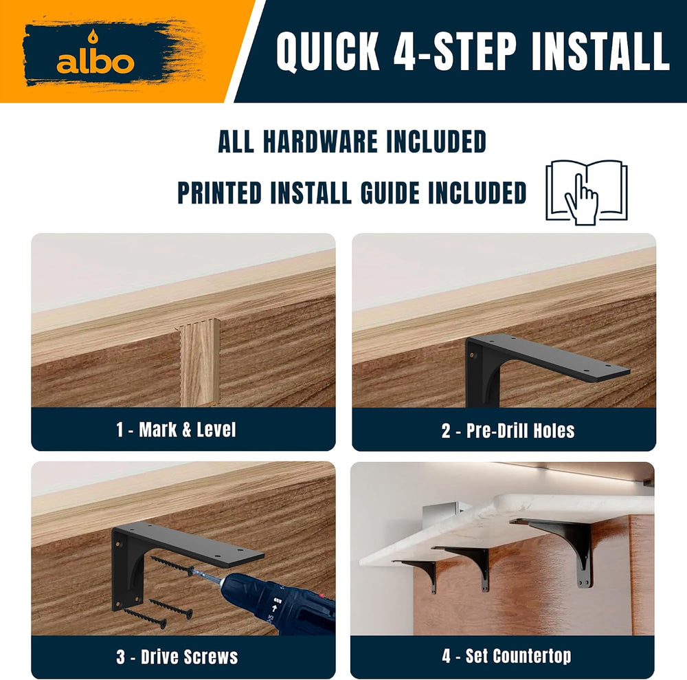 ALBO 16x10 Inch Shelf Brackets, 4 Pack Heavy Duty Steel L Brackets in Black