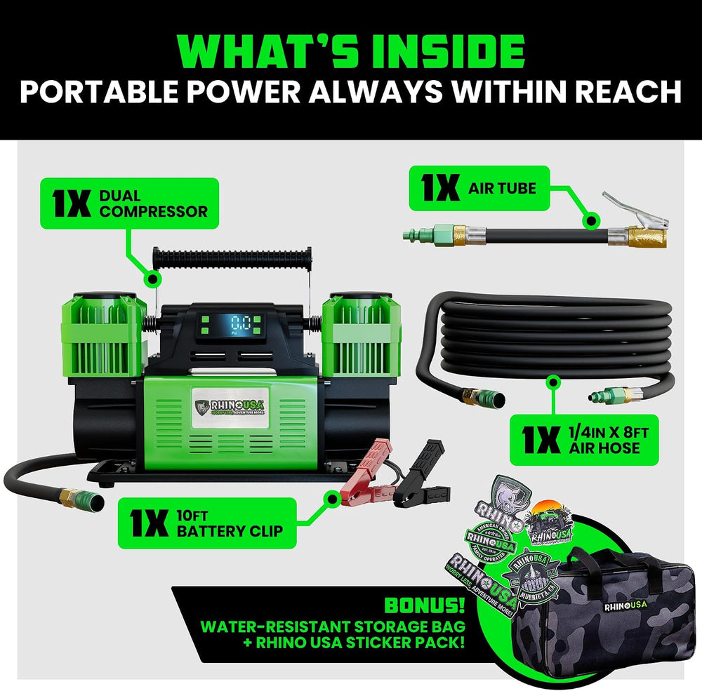 Rhino USA Dual Tire Air Compressor - 12V Portable Pump with Pressure Gauge