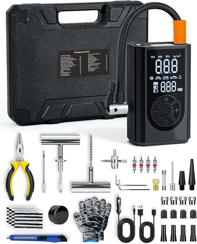 Tire Repair Kit with Portable Air Compressor, Tire Plug Kit 58PCS with Cordless