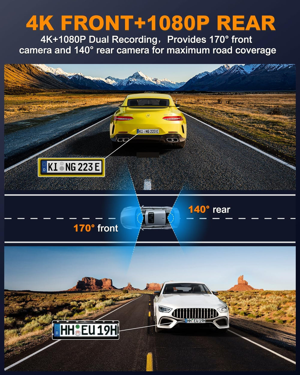 Dash Cam Front and Rear 4K, Built-in 5GHz WiFi with CPL, Dual Dashcams for Ca...