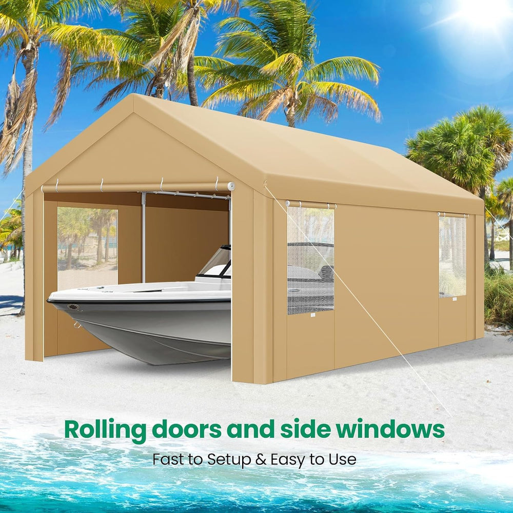 10x20 FT Heavy Duty Carport with Galvanized Frame & Sandbags, Khaki