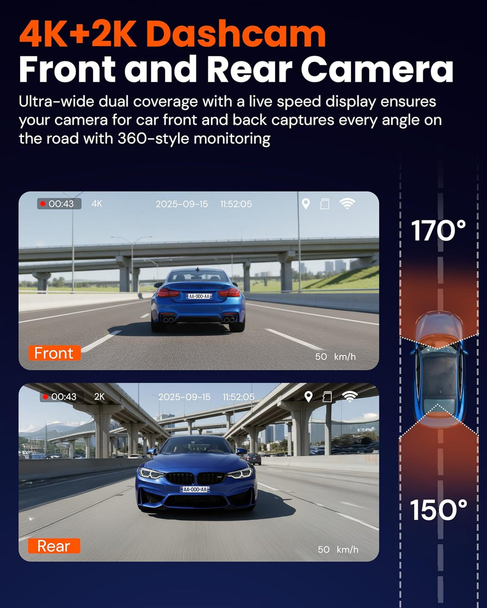 TORVO TD3 4K+2K Dash Cam with App, Camera for Car Front and Back with 5G WiFi...