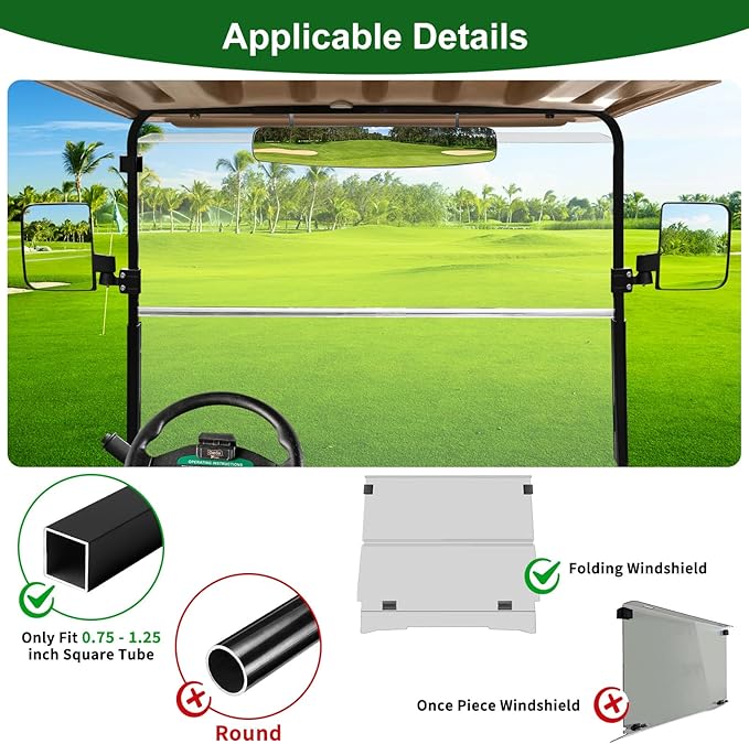 Golf Cart Mirrors Kit for EZGO Club Car Yamaha, No-Drilling Night Safety
