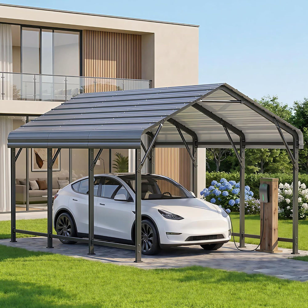 HOMSHADE 10x15FT Heavy Duty Metal Carport with 132° Steep Anti-Pooling Roof
