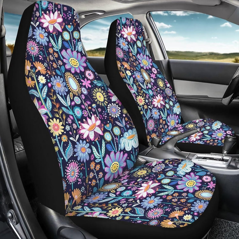 Hippie Flower Blue Purple Auto Seat Cover Pack of 2 Pack Car Front Seat Cushi...