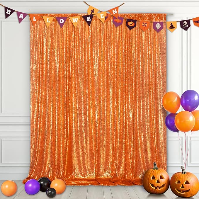 Eternal Beauty Orange Sequin Backdrop, 6x8 Ft Halloween Glitter Background Cu...