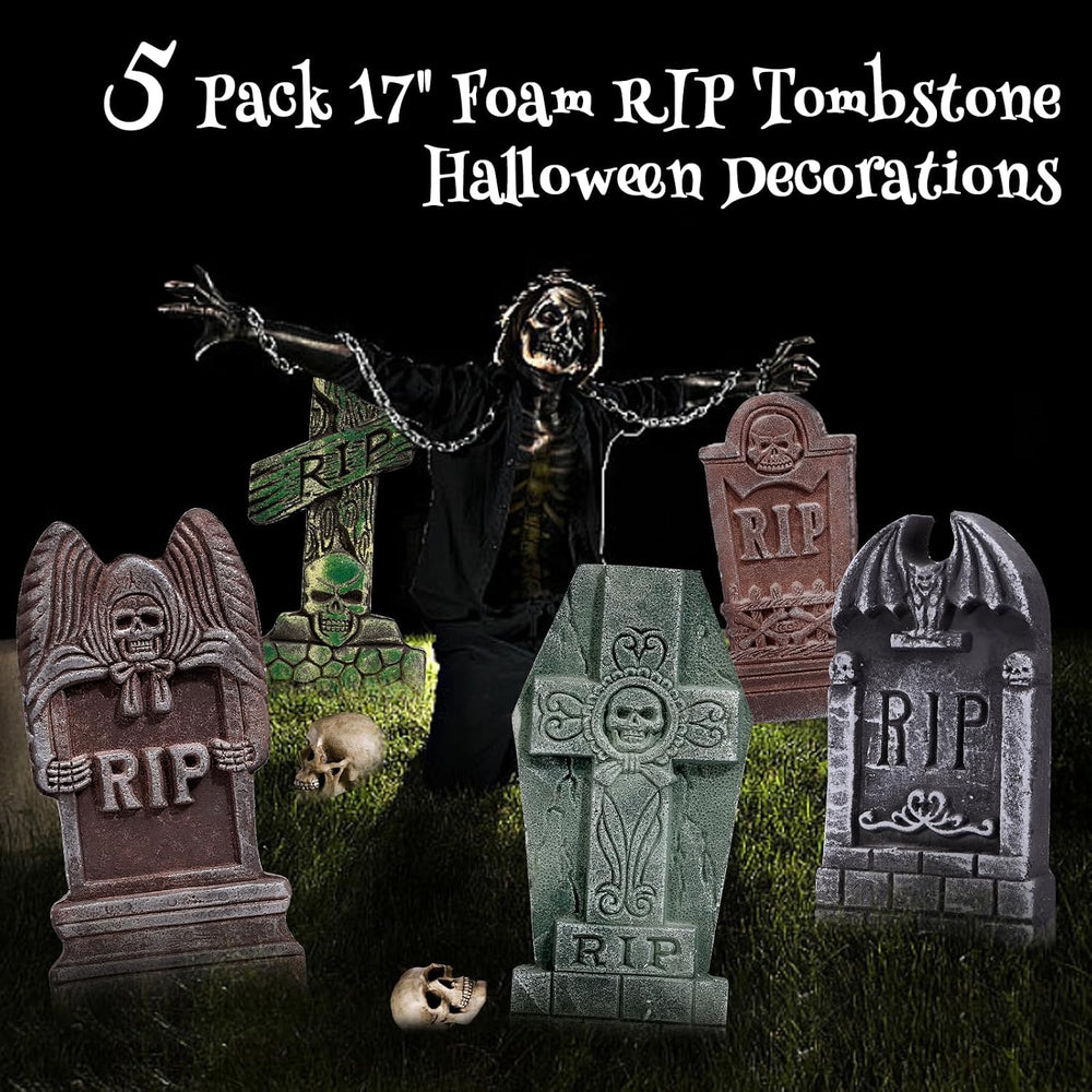 17” Halloween Foam RIP Graveyard Tombstones 5 Pack, Halloween Decorations