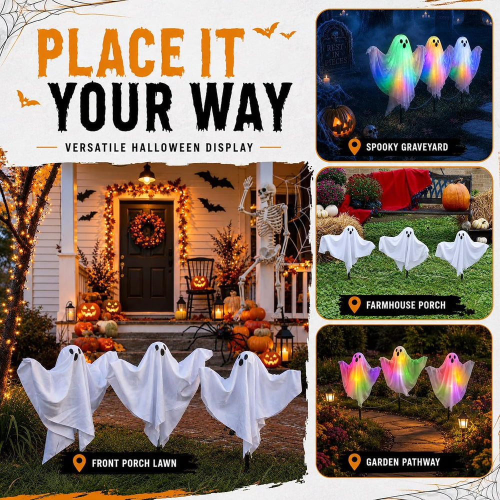 3 Pcs Halloween Lighted Ghost Stakes with Remote Control & Timer, 17.7 in...