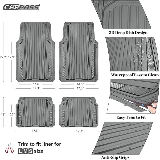CAR PASS Heavy Duty Sporty Rubber Car Mats, Deep Dish All Weather Car Floor (...