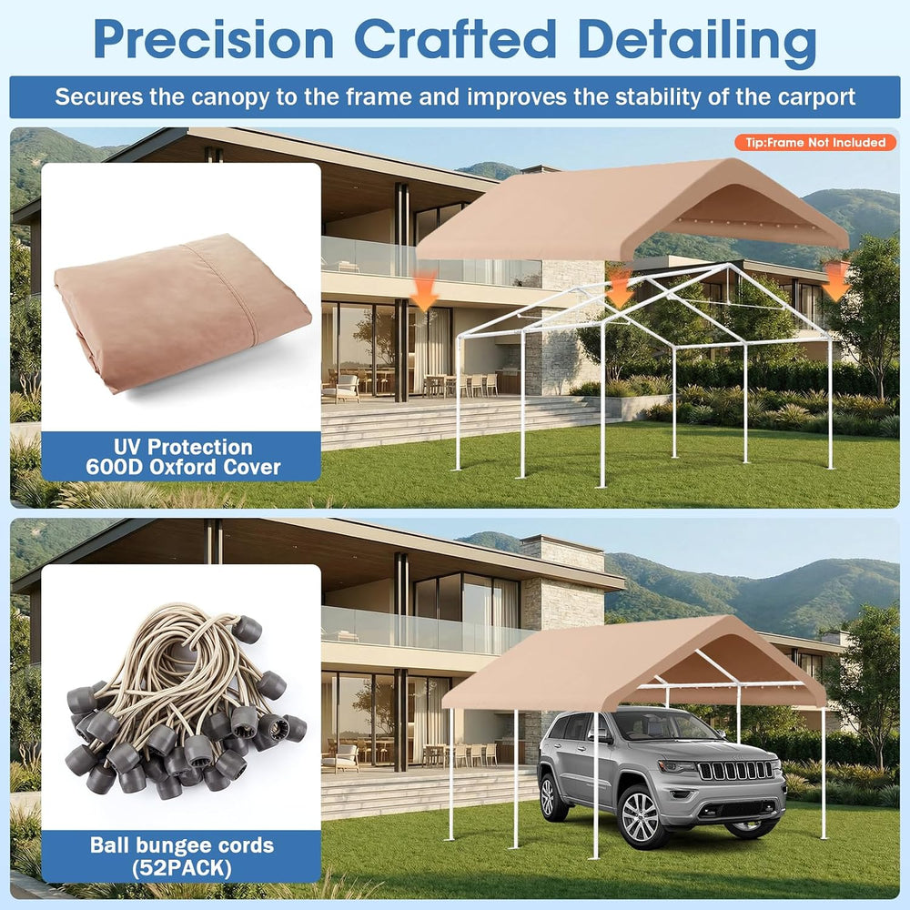 10x20 Canopy Replacement Cover, Outdoor Carport Canopy Top Only, Beige