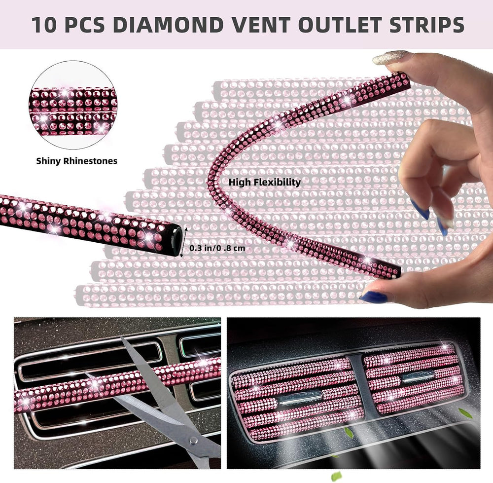30 Pcs Pink Bling Car Accessories Set for Women, Pink Steering Wheel Cover Se...