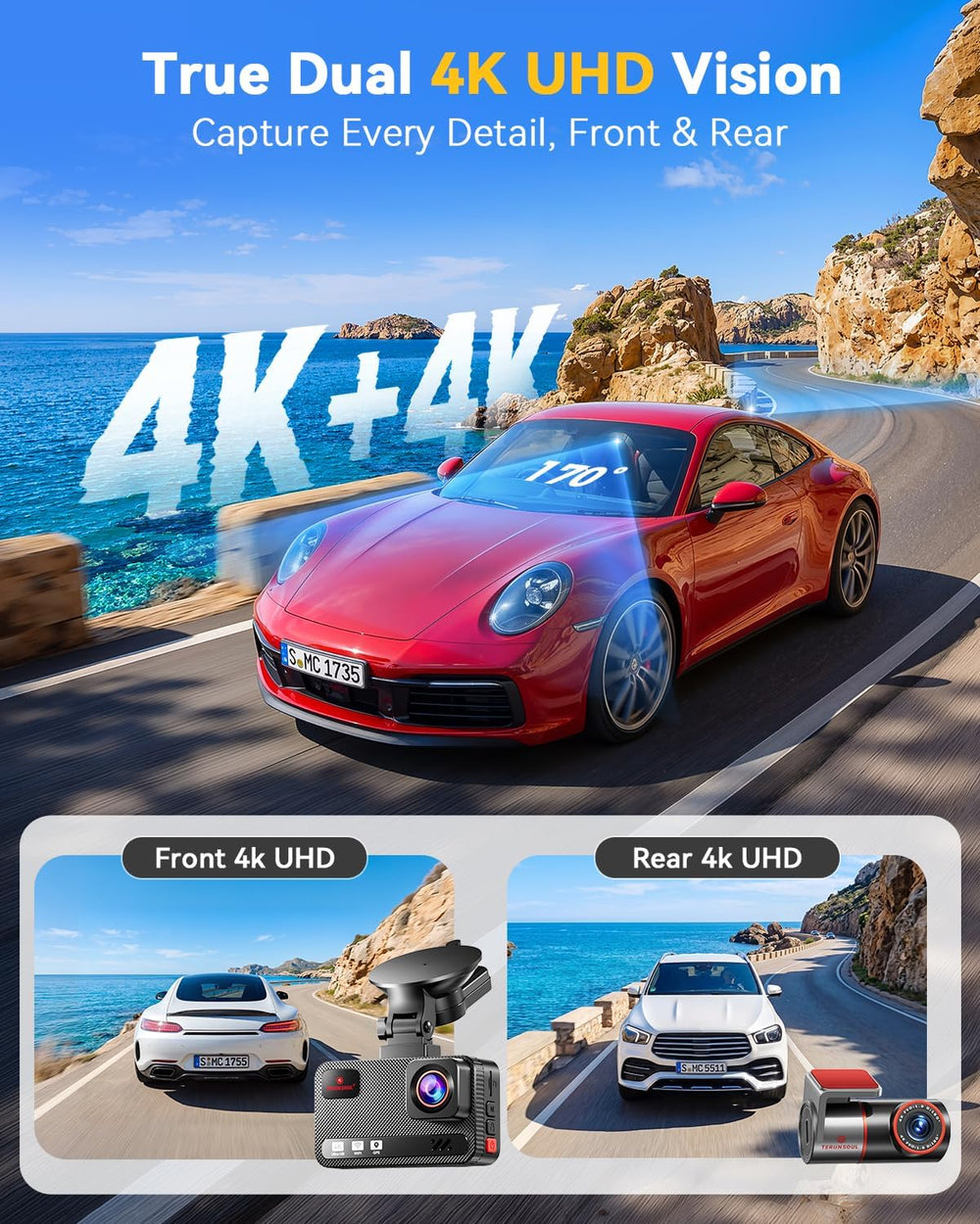 4K+4K Dash Cam, Free 128GB Card, 5.8GHz WiFi6 - up to 20MB/s