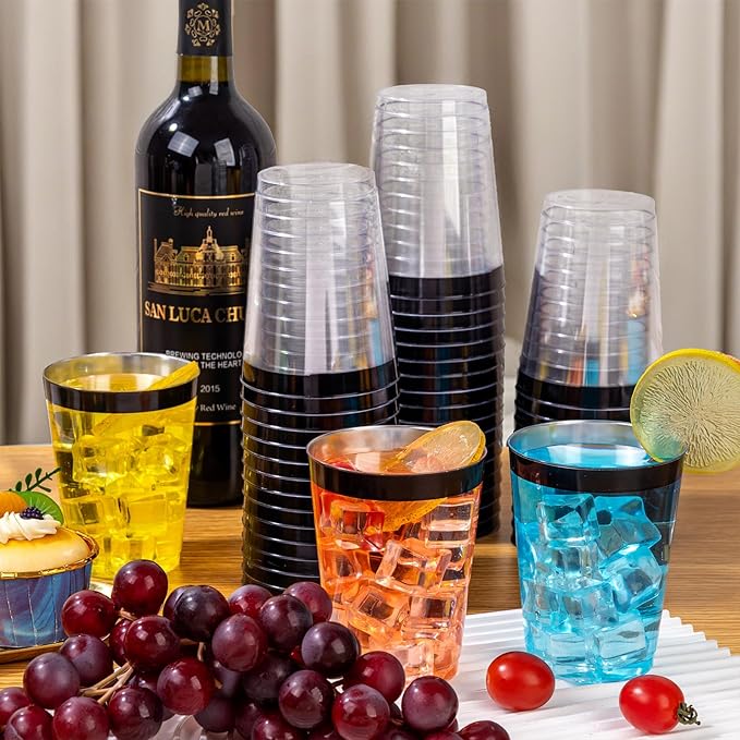 DaYammi 100 Pack Black Plastic Cups 10Oz Clear Disposable Cups with Black Rim...