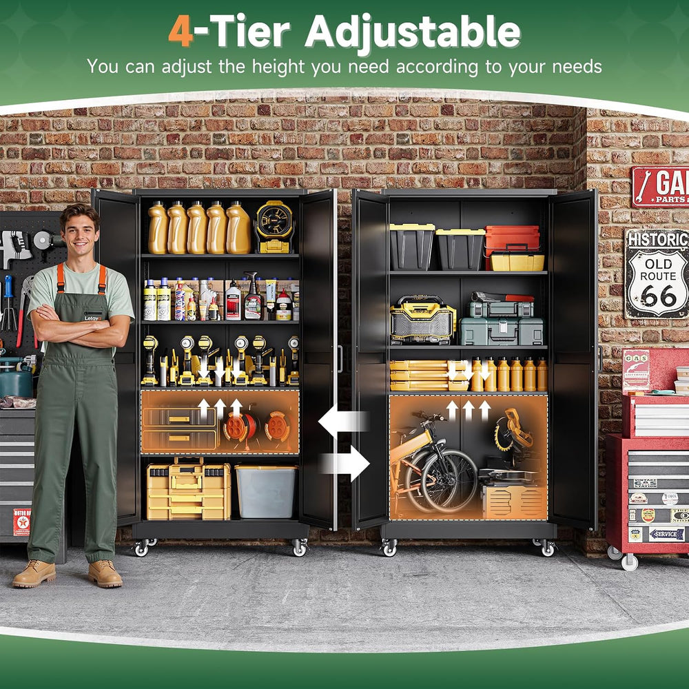 Metal Garage Storage Cabinet with Wheels,75" Black Tool Steel Locker