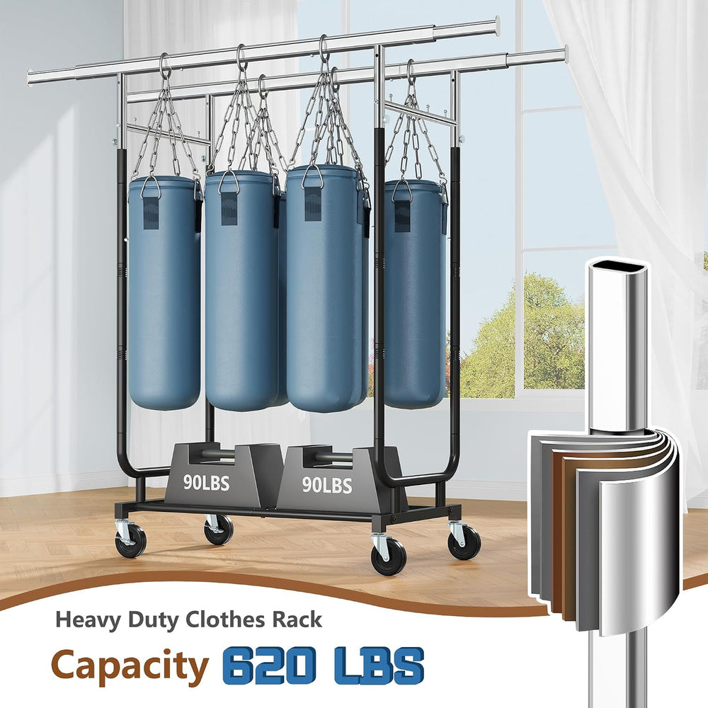 Heavy Duty Rolling Clothes Rack, 620 LBS Load Double Rod Adjustable Garment R...