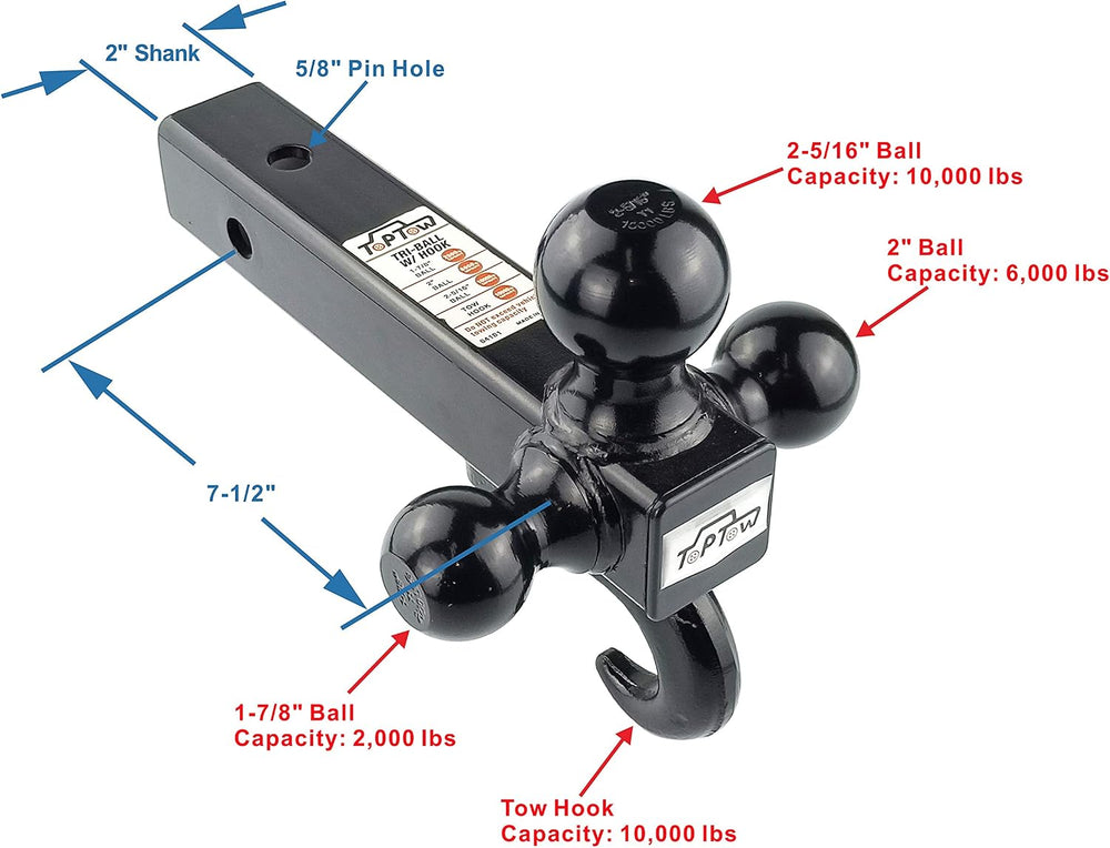 TOPTOW 64181 Trailer Receiver Hitch Tri Ball Mount with Hook Black Balls Fits...
