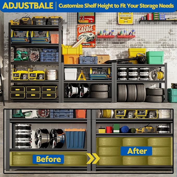 72''H Garage Shelving Heavy Duty, 2800LBS Storage Shelves, 5-Tier Adj...