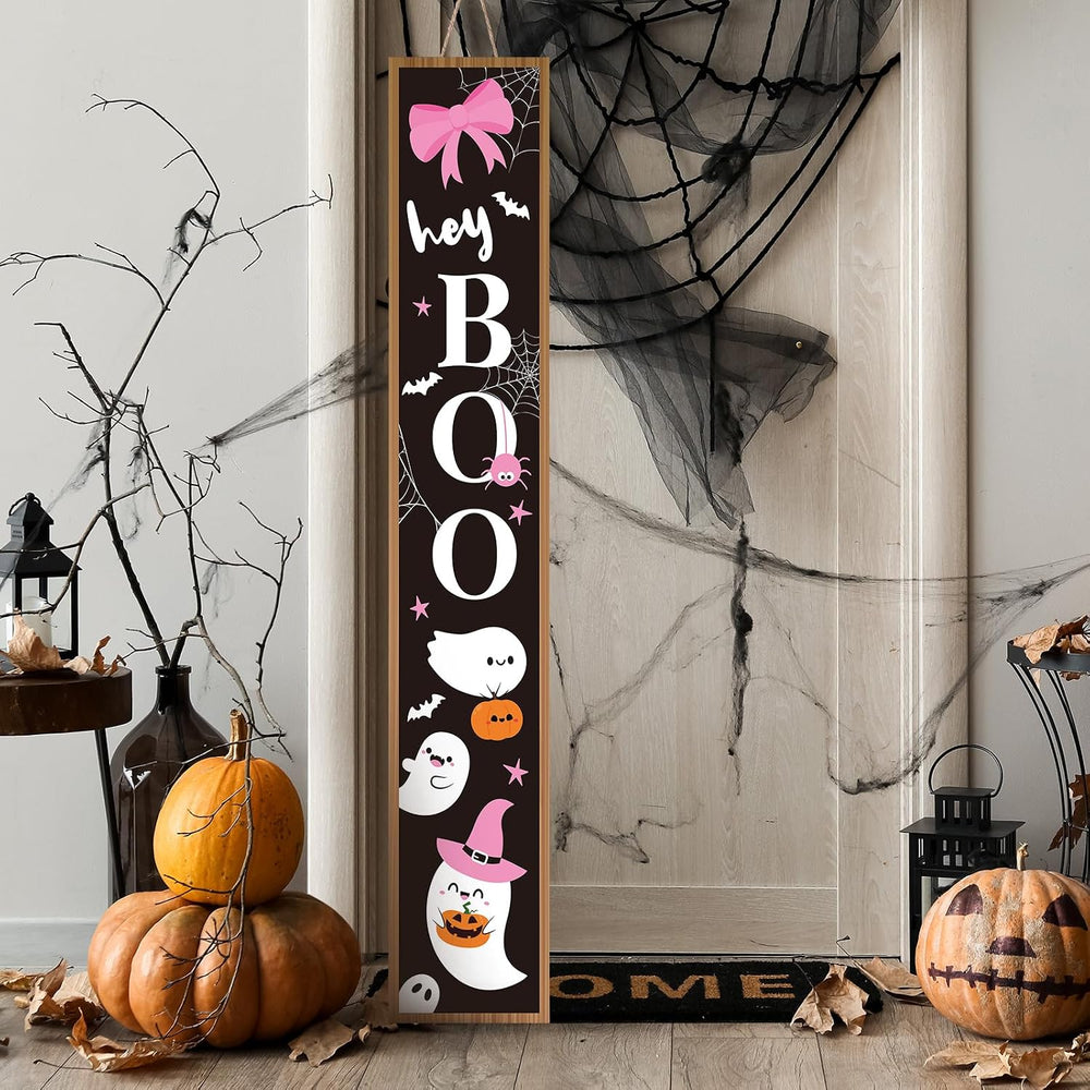 Pink Halloween Porch Sign Boo Ghost with Bow Halloween Outdoor Decor, 47"