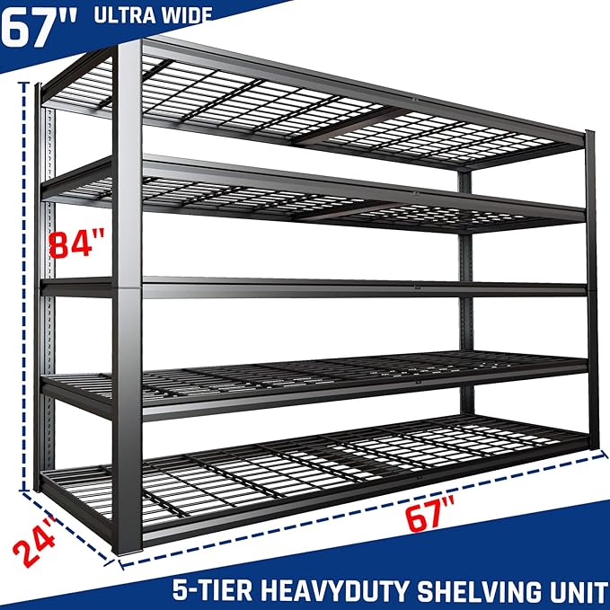 67" W Garage Shelving Heavy Duty, Adjustable 5 Tier Metal Shelves, Comme...
