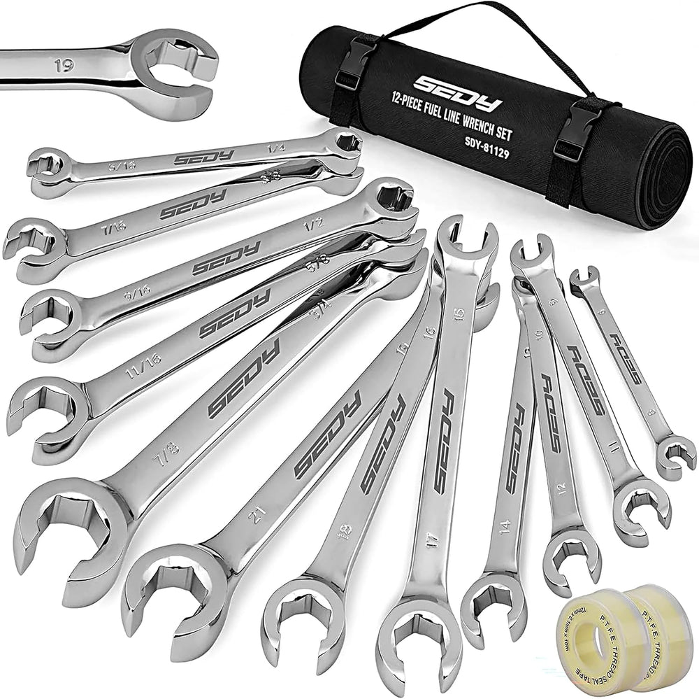 SEDY 14-Piece Flare Nut Wrench Set with PTFE Tape, Metric & SAE Brake Lin...