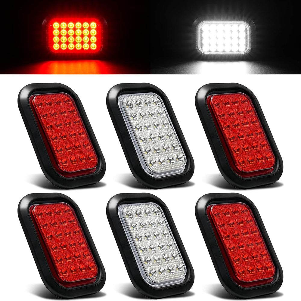 6PCS 5x3 Inch 24 LED 4 Red Stop/Turn/Tail/Lights 2 White Backup Reverse Light...