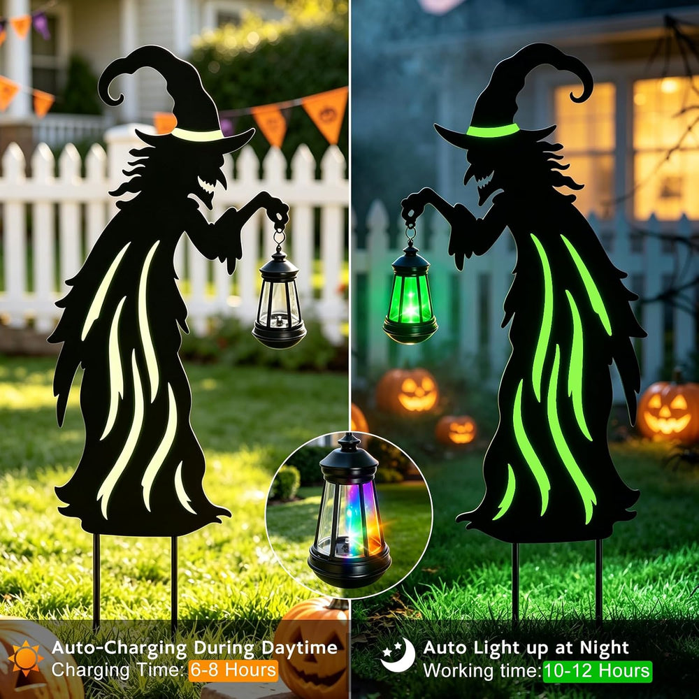 Halloween Decorations Outdoor,Metal Yard Witch Stake with Solar Lantern