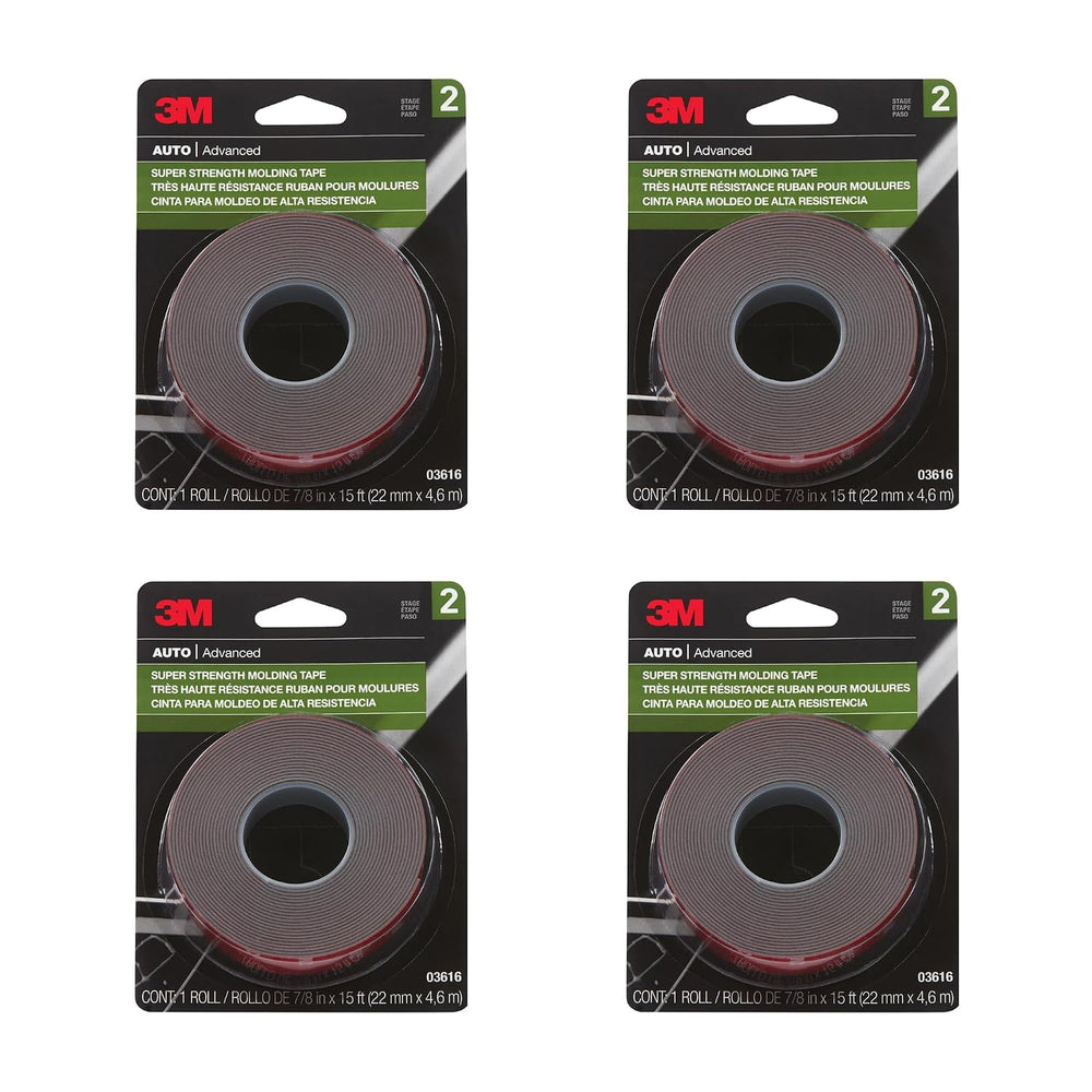 3M Super Strength Molding Tape 03616, 7/8 in x 15 ft, 4 Rolls, Black