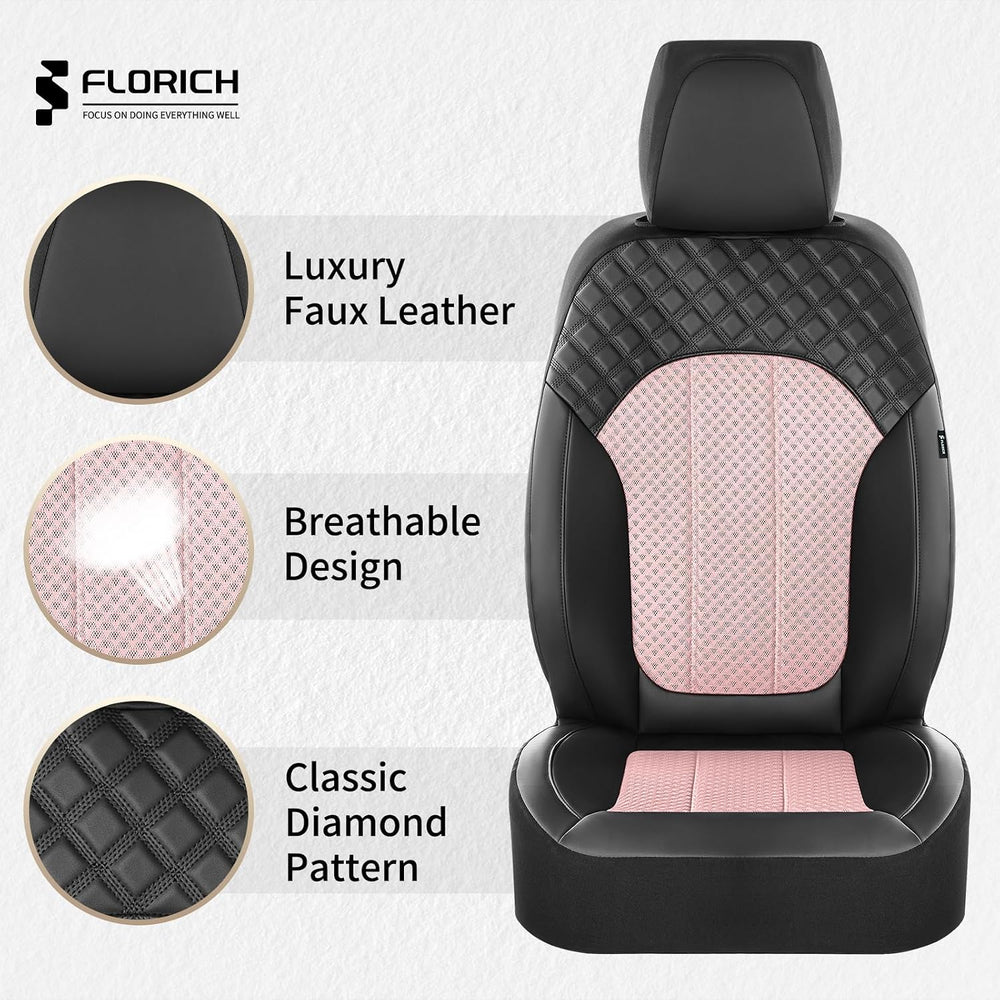 Pink Car Seat Covers Full Set Leather Mesh Front and Rear Seat Cover Automoti...