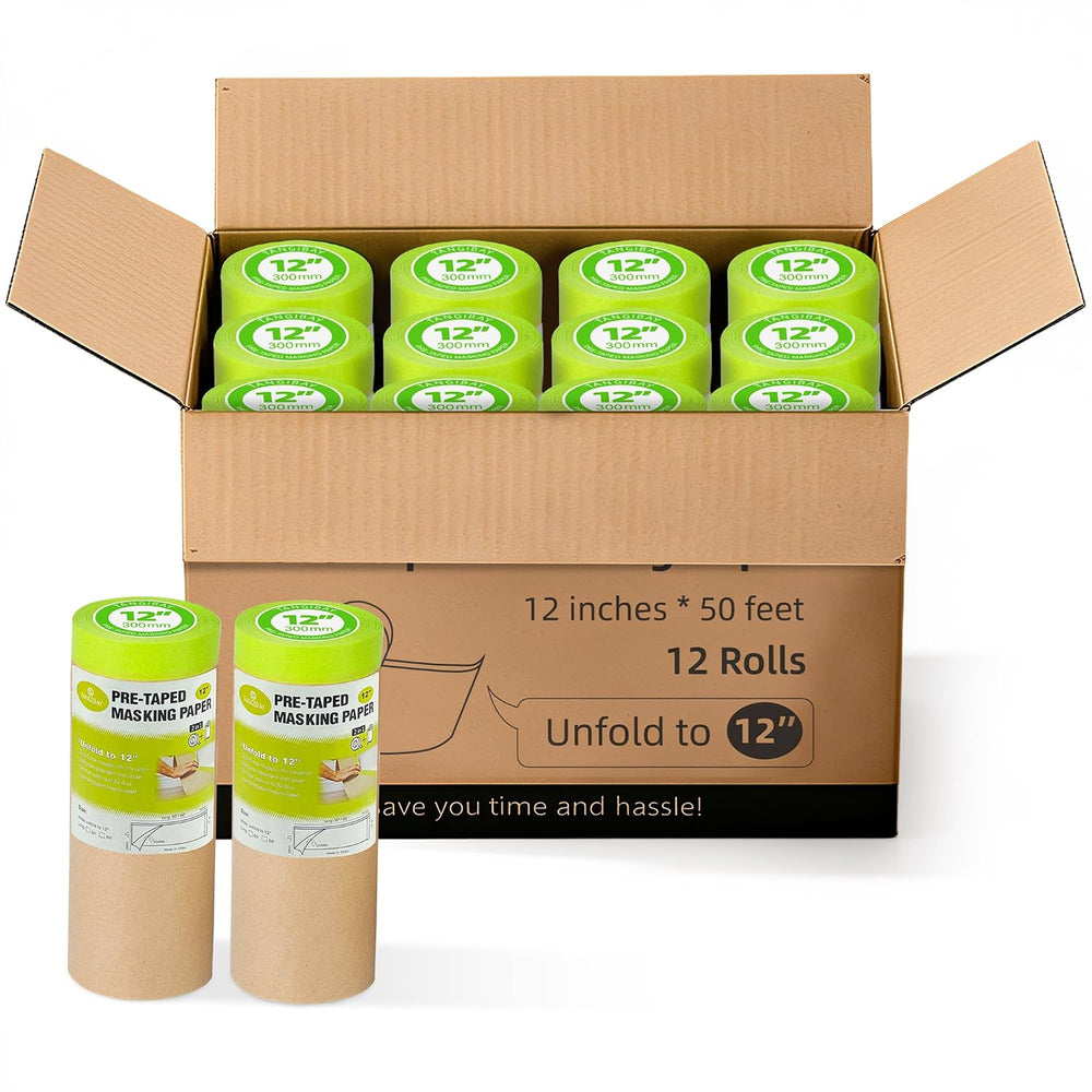 Tangibay Pre-Taped Masking Paper for Painting, 12 inch x 50 feet, 12 Rolls