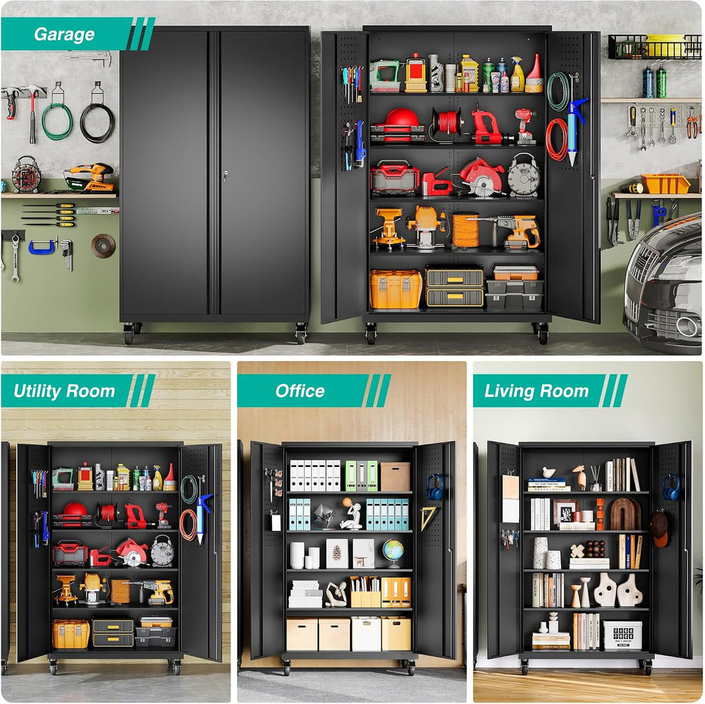 Wide & Deep Metal Storage Cabinet with Wheels,Tall Rolling Garage Storage...
