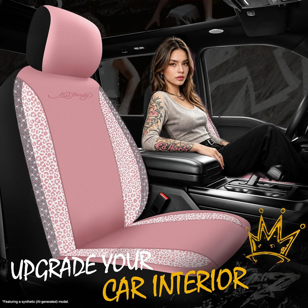 ED HARDY Car Seat Covers, Pink Leopard Print with Pink Rhinestone Trim, Styli...