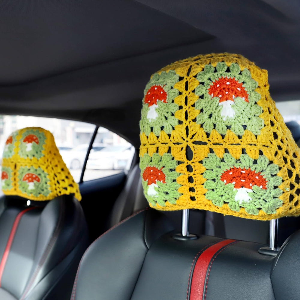 2PCS Crochet Seat Headrest Cover,Car Head Rest Protector,Cute Mushroom Car Ac...