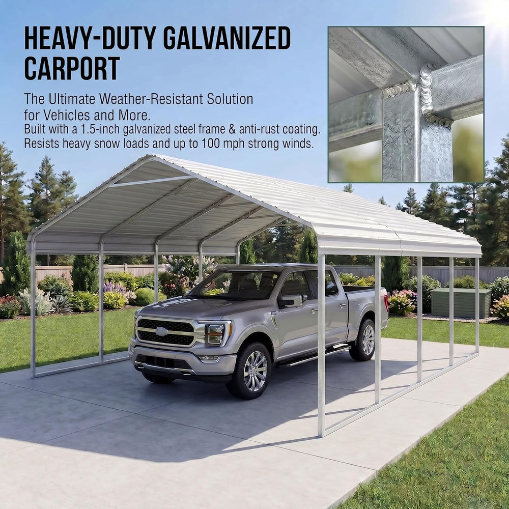 White 10x20 ft Heavy Duty Metal Carport Kit