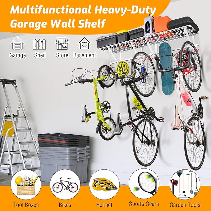 PLKOW Garage Wall Shelving 4-Pack Includes Bike Hooks, Sturdy Adjustable Garage