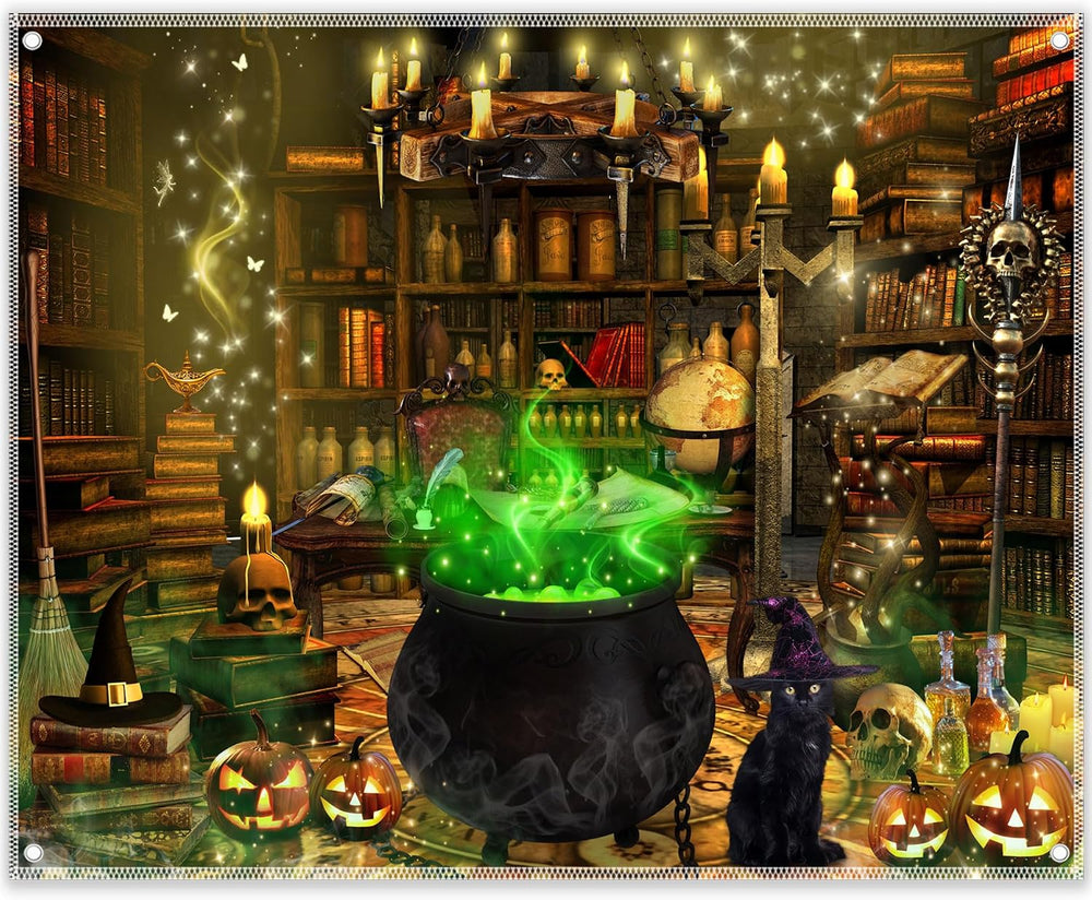10x8ft Halloween Witch Photography Backdrop Magic Bookshelf Banner