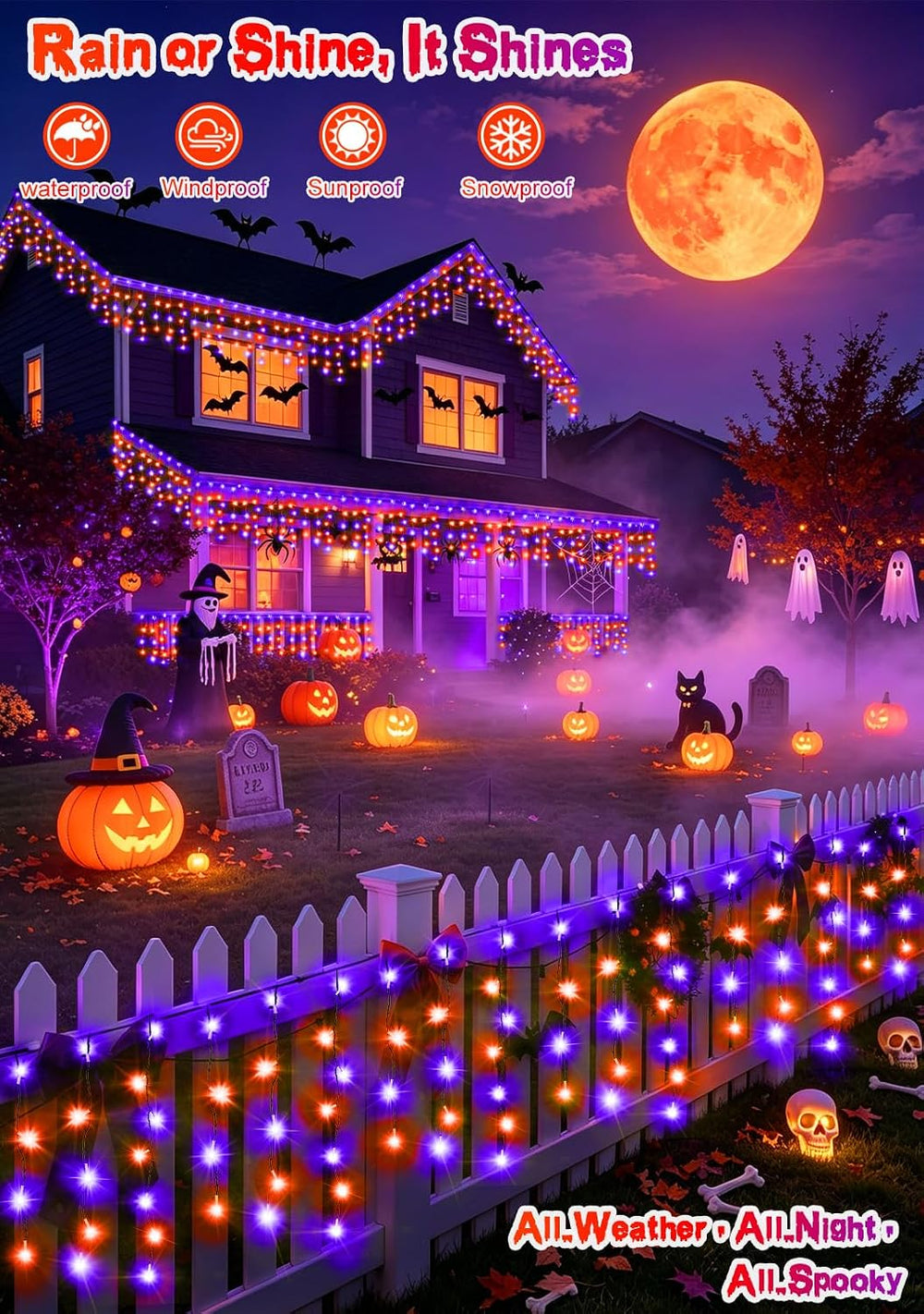 66FT 640LED Orange Purple Halloween Lights Outdoor 8 Modes Plug-in