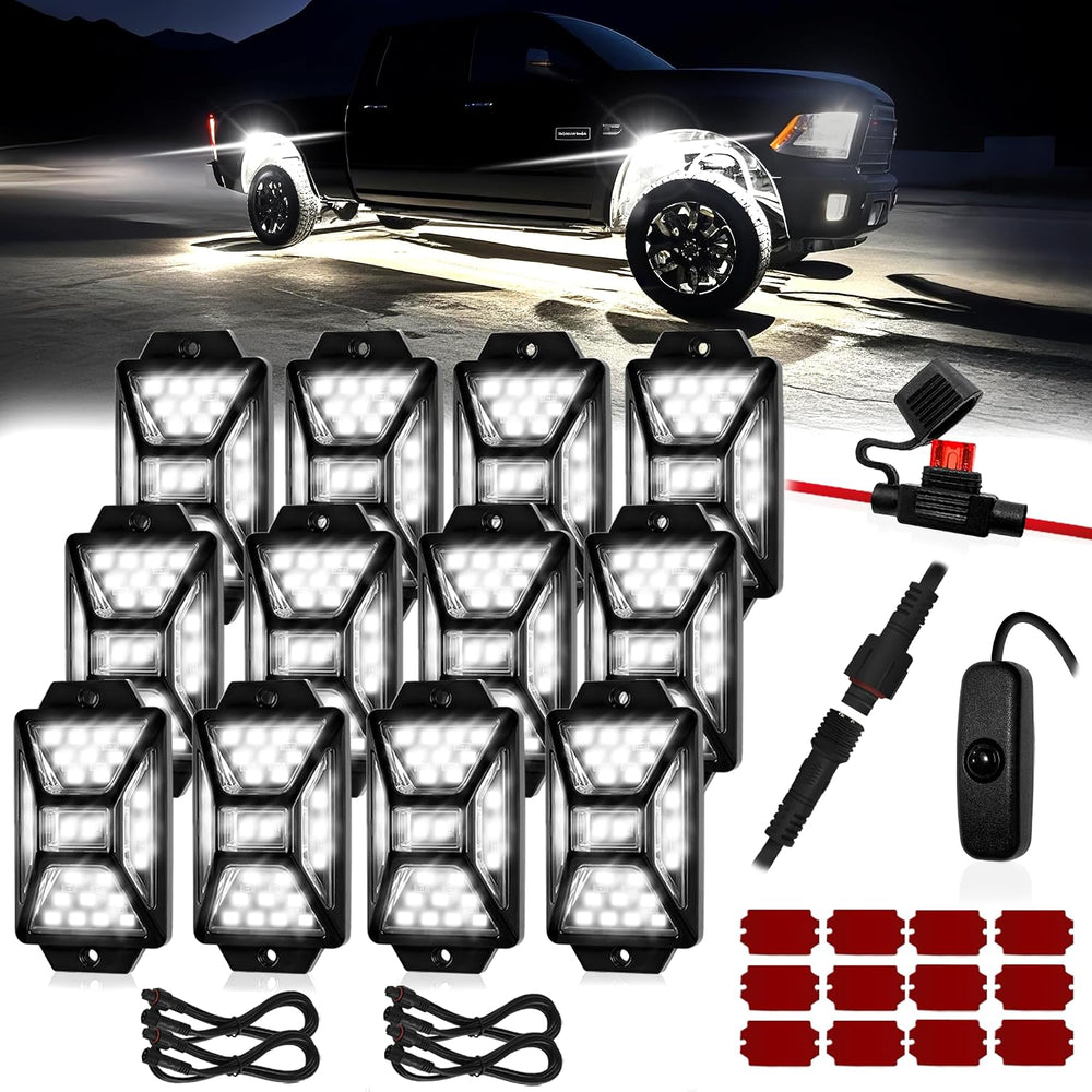 12 Pods Pure White LED Rock Lights Kit with Switch Wiring Harness