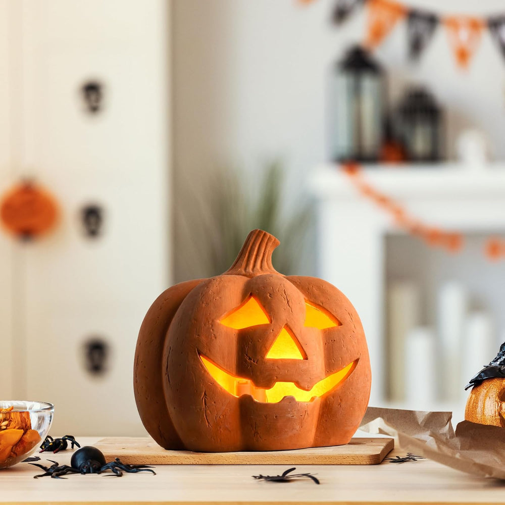 Halloween Lighted Terracotta Jack O Lantern Pumpkin 9.8 Inch Decor (Medium)