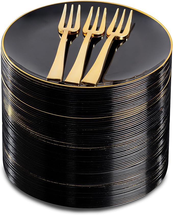 Festiva 200Pcs Black Gold Dessert Plates 6.3" with Plastic Forks 5"...