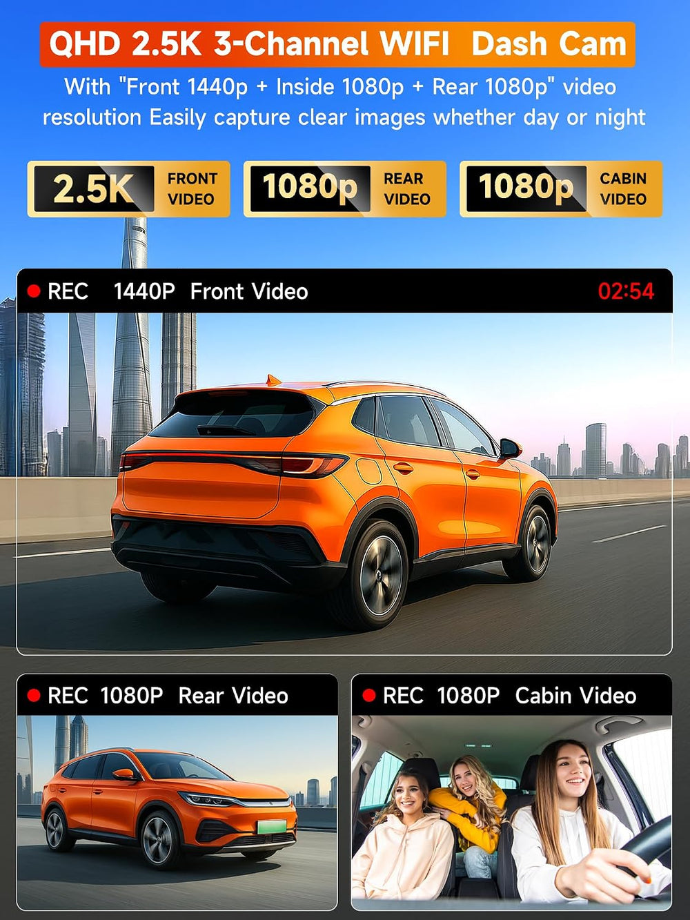 3 Channel Dash Cam Front and Rear Inside, 2.5K Front Cabin Recorder with Supe...