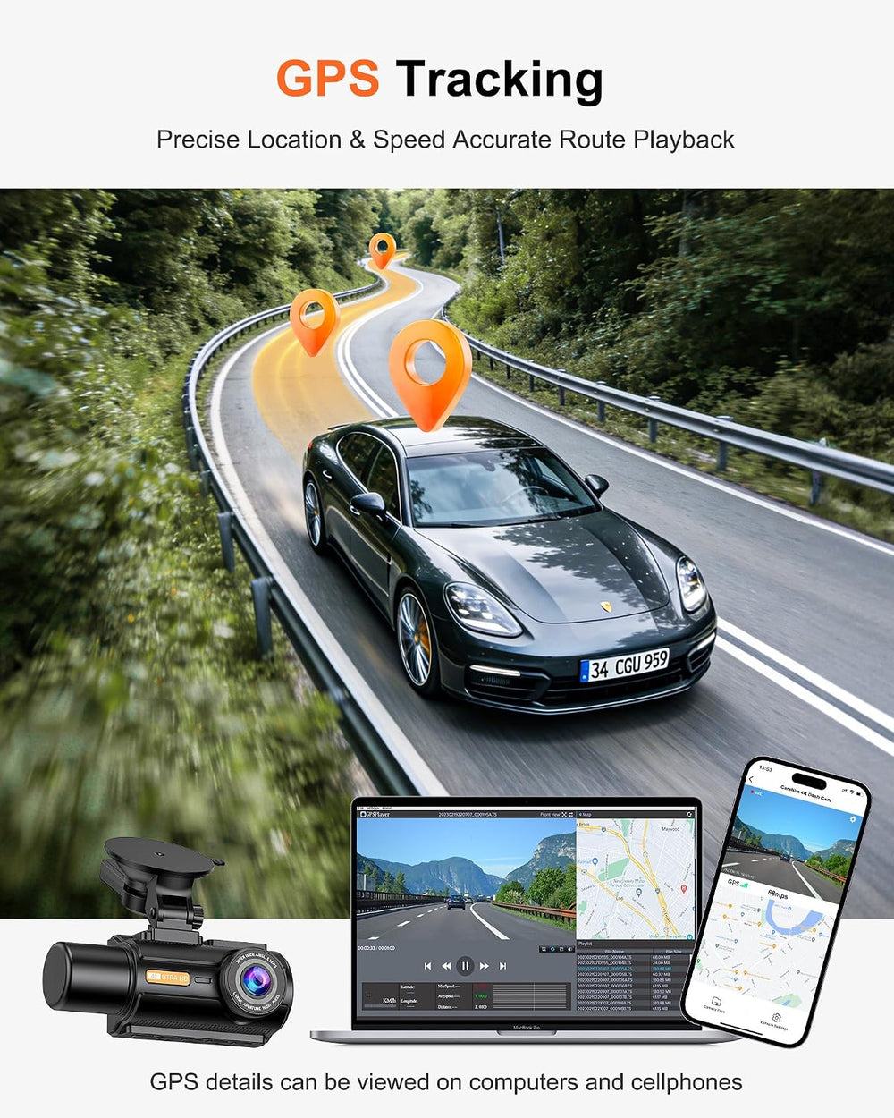 3 Channel 4K Dash Cam with STARVIS 2, 128GB Card Included, WiFi 6, GPS