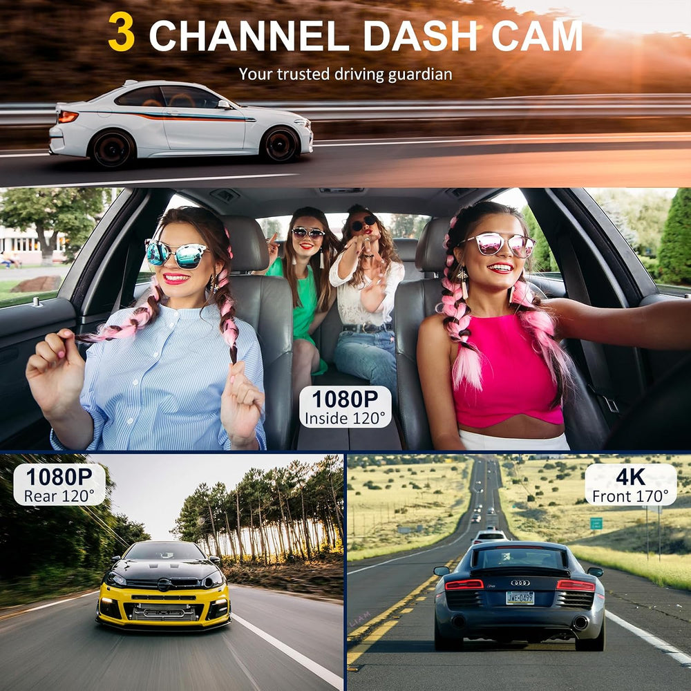 4K Dash Cam Front and Rear Inside,3.16" IPS,3 Channel Dash Cam for Car w...