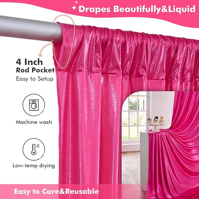 10x10ft Shimmer Hot Pink Sequin Backdrop Curtain for Parties, Thick Wrinkle F...