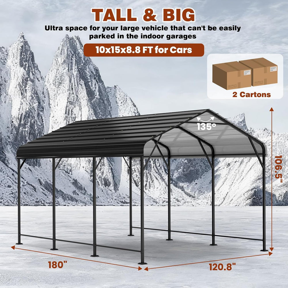 LEVELEVE 10x15 FT Heavy-Duty Metal Carport, Galvanized Steel Car Canopy with ...