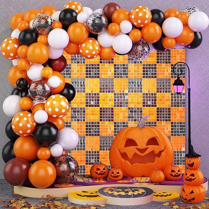 24PCS Black Orange Shimmer Wall Backdrop, Halloween Square Sequin Photo Backd...