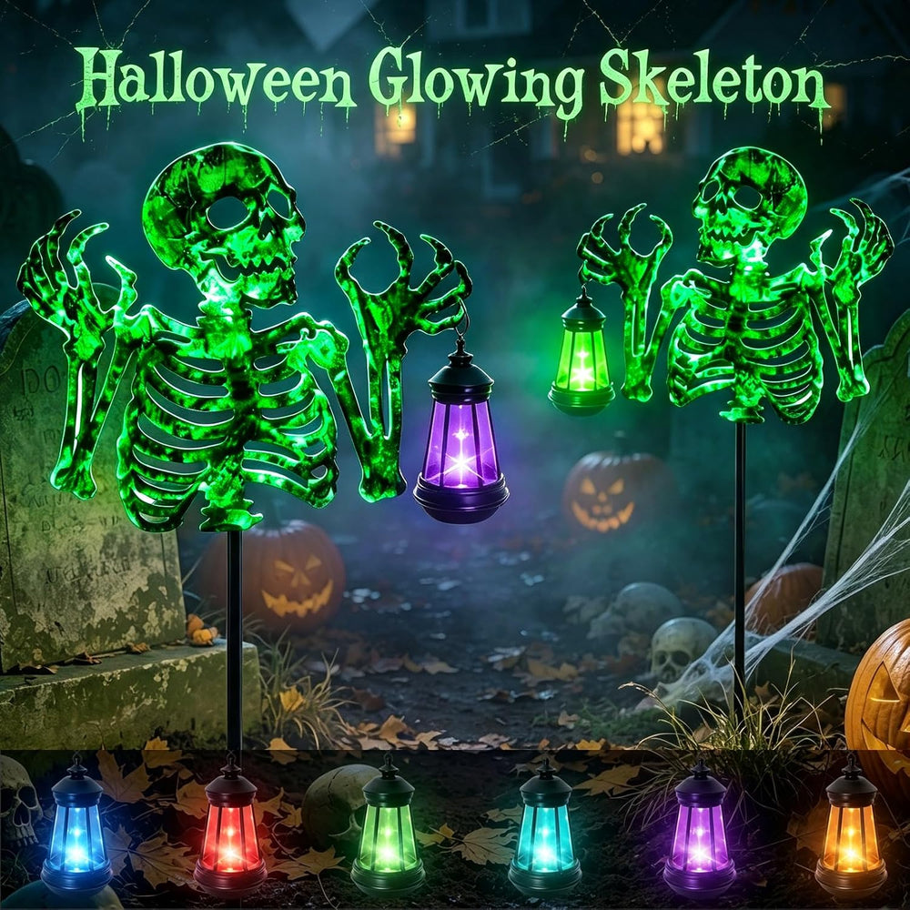 Halloween Skeleton Decorations Outdoor,Spooky Green Glowing Iron Skull
