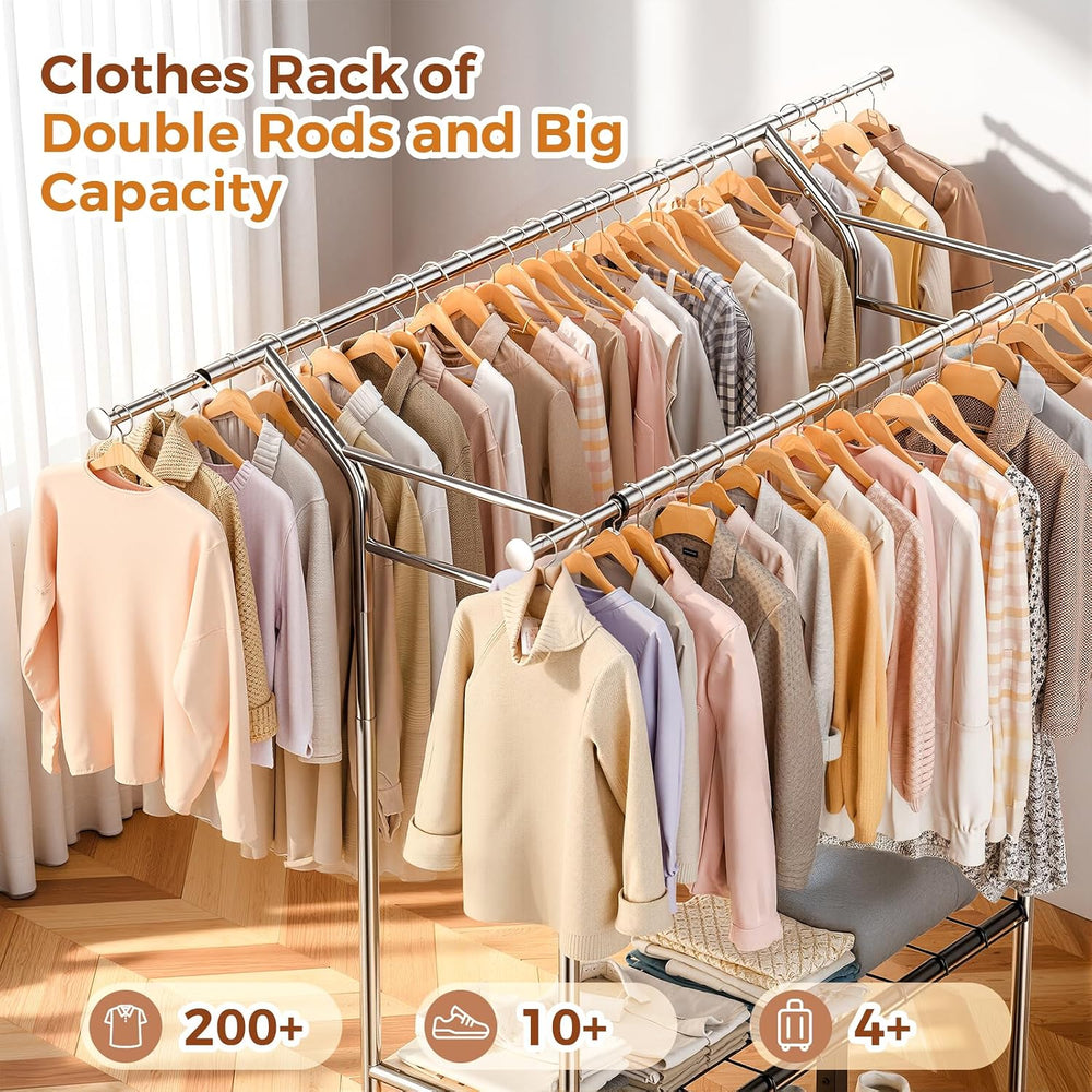 Luxspire Double Rod Clothing Racks for Hanging Clothes Load 650 LBS, Silver
