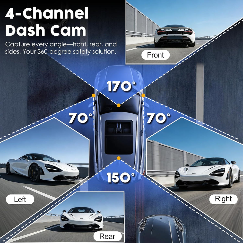 4 Channel 360° Dash Cam Detached Side Cameras, 4" Touch Screen