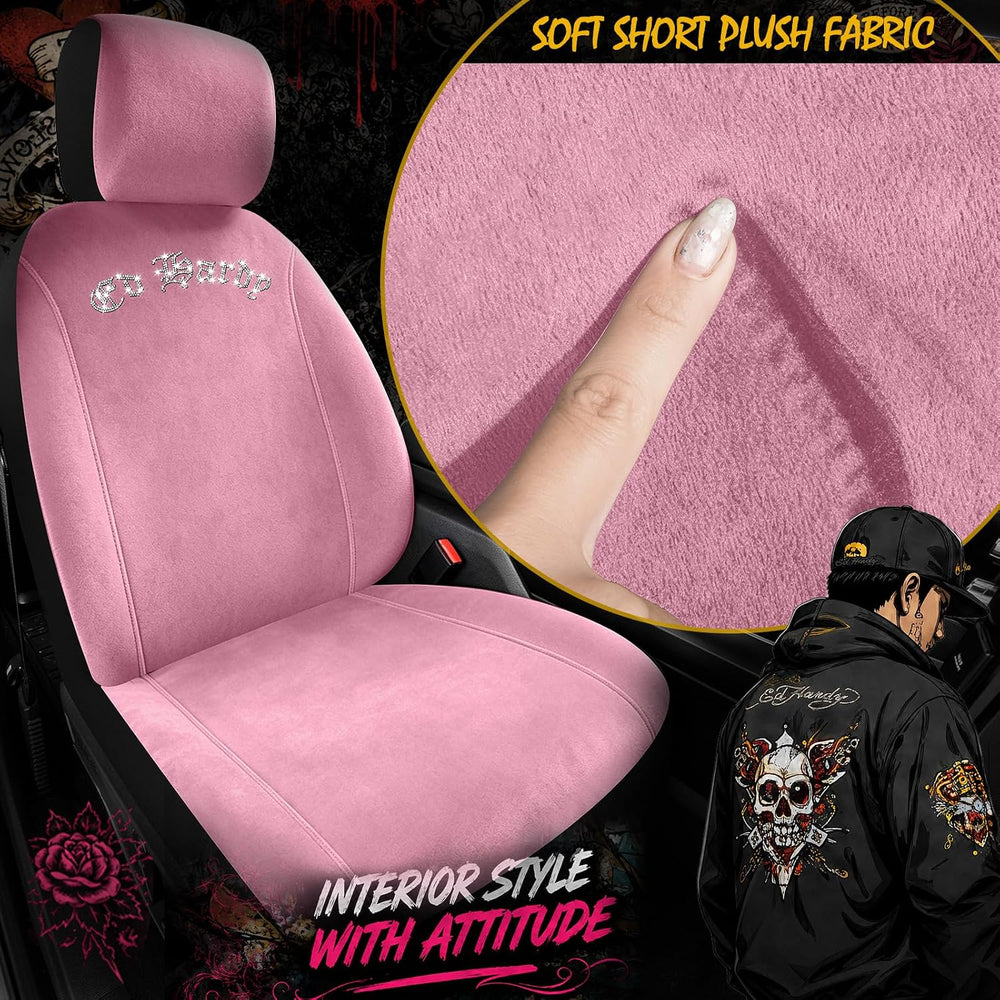 ED HARDY Car Seat Covers, Pink Soft Short Plush & Silver Diamond Graphic