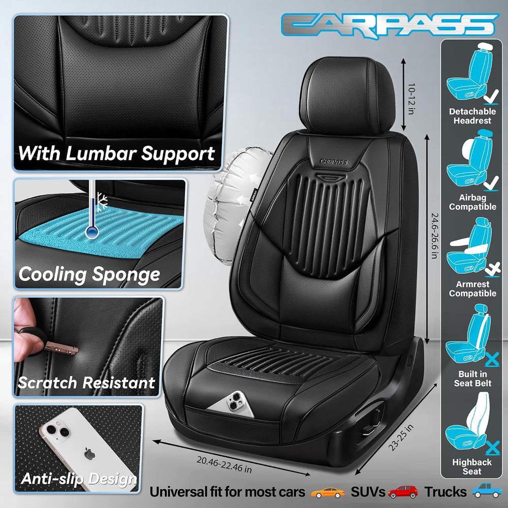 CAR PASS Luxury Nappa Leather Car Seat Covers Two Front, Lumbar Support Seat ...